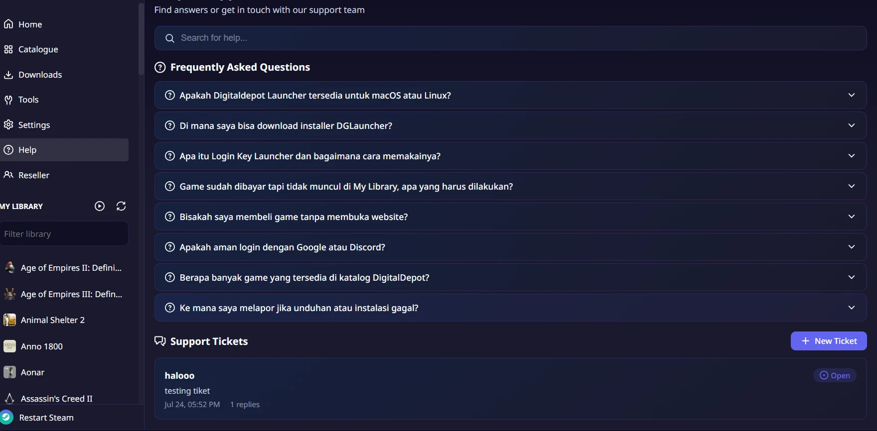 Halaman Bantuan di Digitaldepot Launcher dengan FAQ dan tiket dukungan